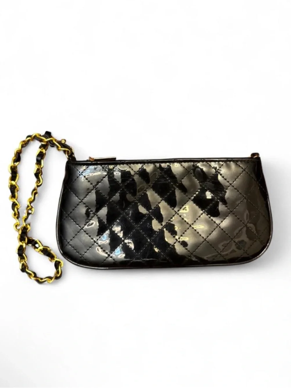 Vintage Patent Quilted Wristlet Clutch in Black with Gold Chain Strap